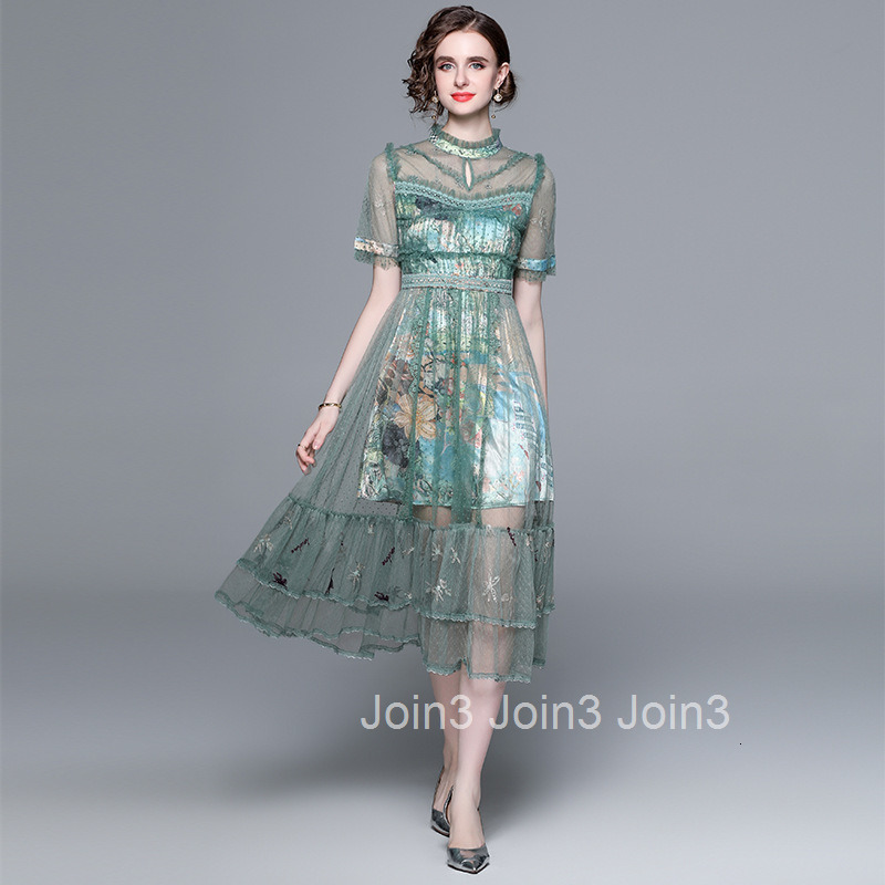 6994 Summer New Womens Fashion Elegant Embroidered Beaded Polka Dot Short Sleeve Flared Long Dress Mesh Dress