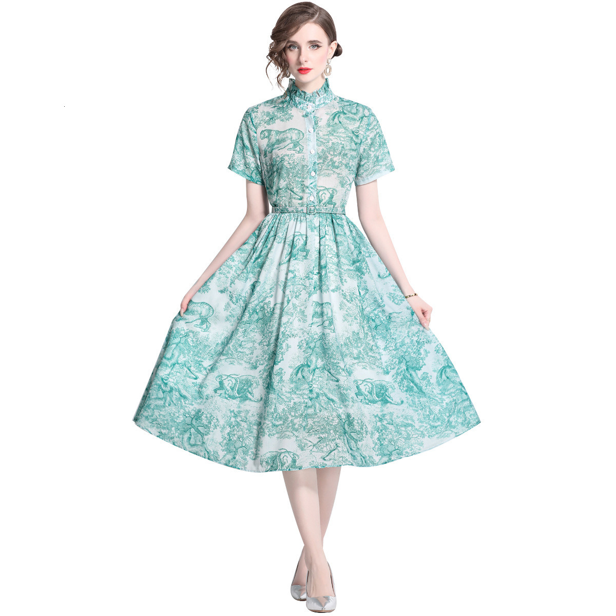 5829 Summer New Womens Blue and White Ink Wash Print Short Sleeve Slim Fit Mid-Length Dress with Lining