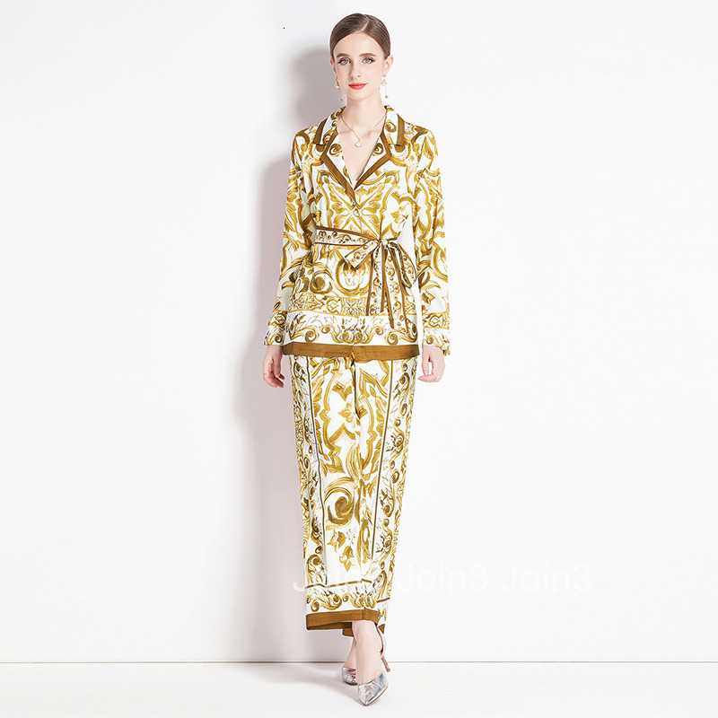 6067 Fashion Suit Set with Printed Shirt and High-Waisted Straight-Leg Wide-Leg Pants