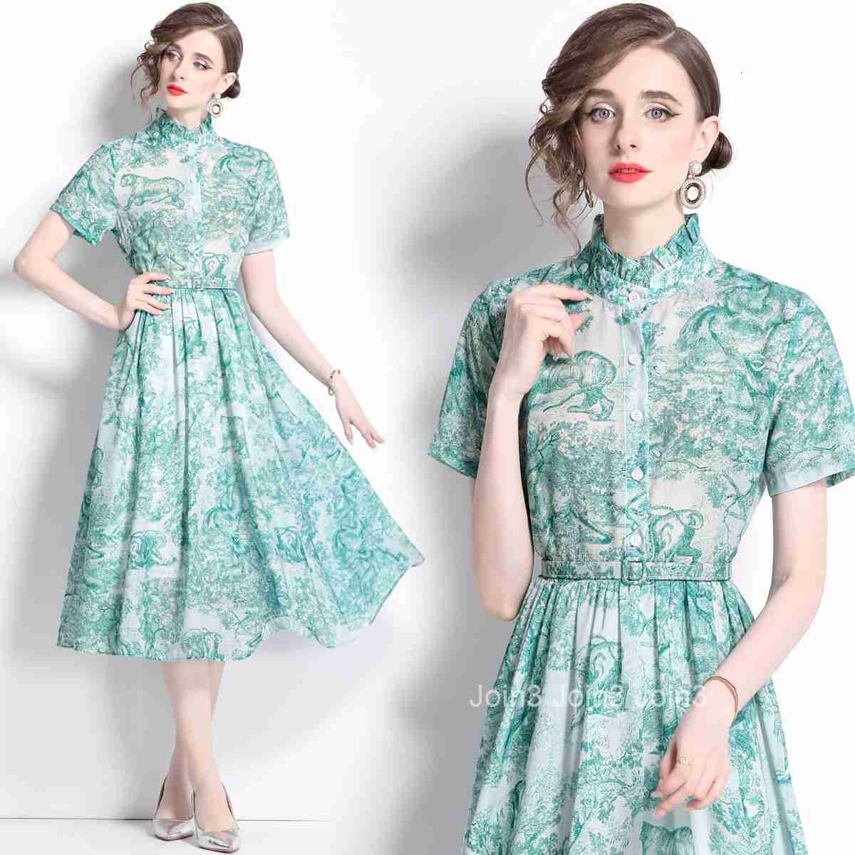 5829 Summer New Womens Blue and White Ink Wash Print Short Sleeve Slim Fit Mid-Length Dress with Lining