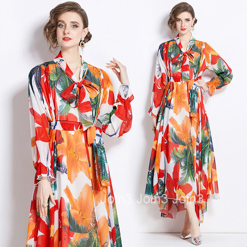 9357 Spring and Autumn New Womens Fashion Elegant Chiffon Printed Long Sleeve Slim Fit Flared Long Dress
