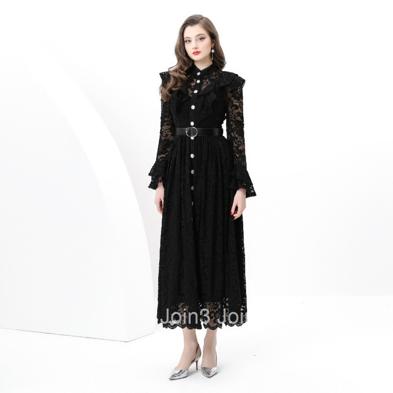 8829 Early Spring New Womens Fashion Elegant Vacation Ruffle Trim Waist Cinch Flared Lace Long Dress