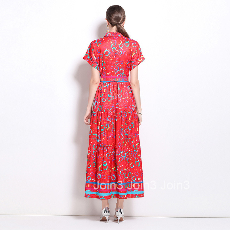 9890 summer new womens clothing fashionable temperament waist cinching and slimming printed large swing long skirt dress