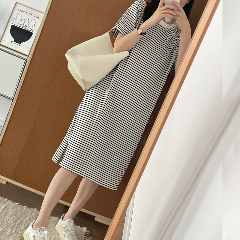 MU188 striped dress for women medium-length over the knee 2025 summer new slit loose straight slim dress