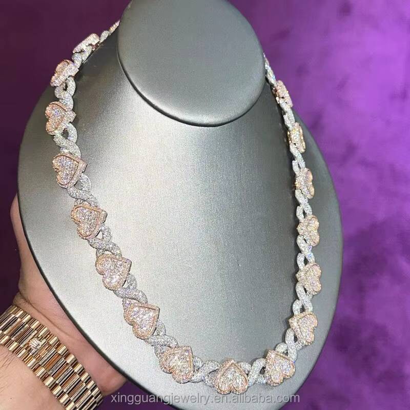 Rose Gold Iced Out Moissanite Heart Charms Infinity Links 13mm Wide S925 Sterling Silver Cuban Link Chains Bracelet Necklace