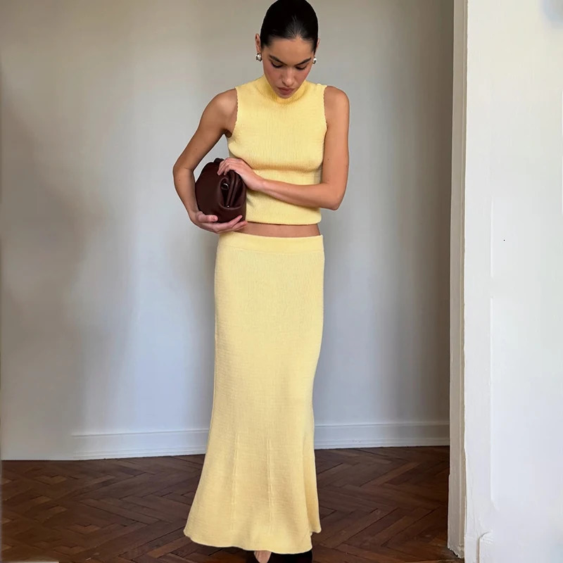 Tornova Elegant Knitted Dress Set Sleeveless Turtleneck Sleeveless Vest High Waist Skirt Female Slim Two Pieces Sets 250714