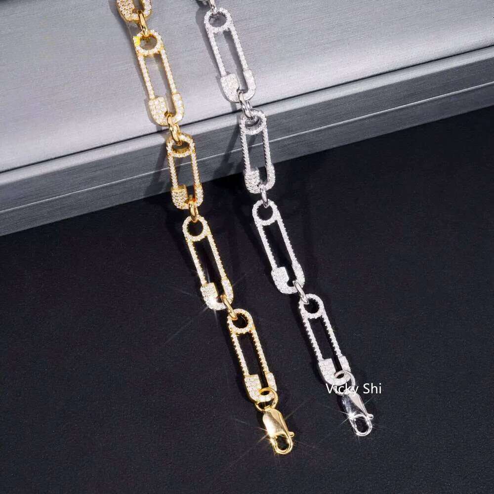Hip Hop Jewelry Fashion Paper Clip Style Sier Gold Plated Iced Out Moissanite Tennis Bracelet Gifts