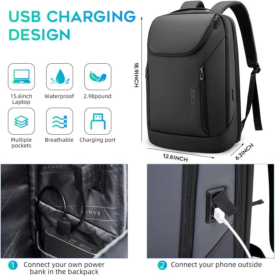 YMX 453 650 BANGE Business Smart Waterproof fit 15.6 Inch Laptop with USB Charging Port,Travel Durable Backpack