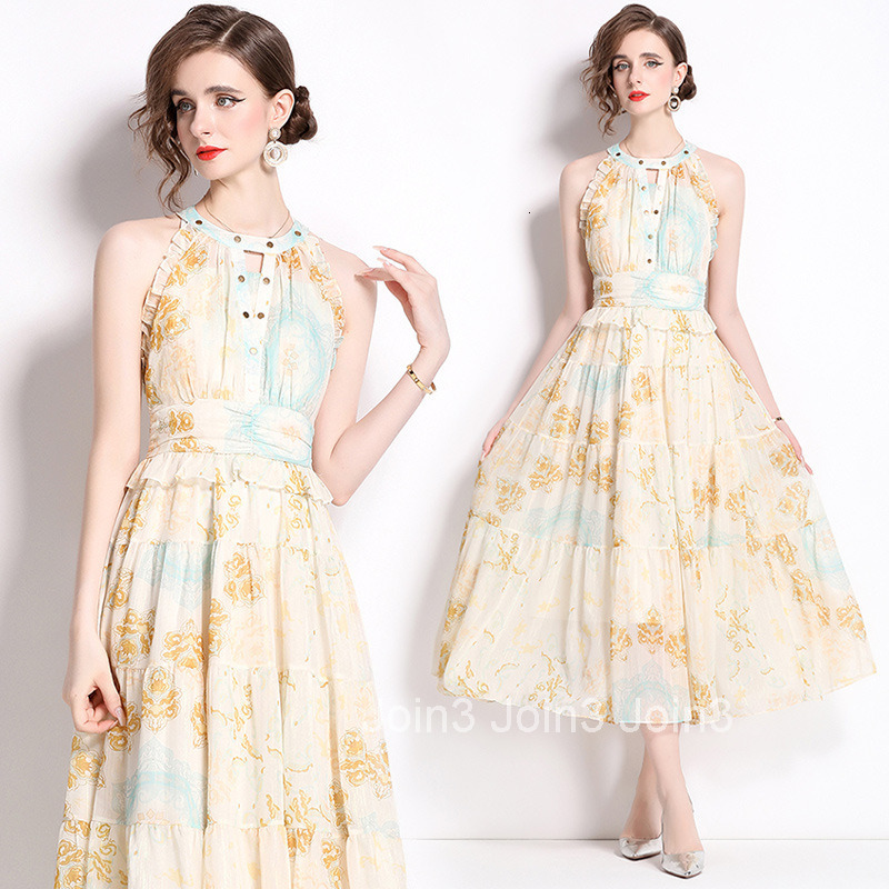 1023 Summer New Beach Vacation Flowing Printed Halter Dress