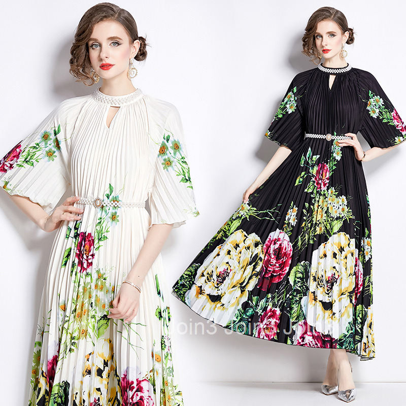 8720 summer new womens clothing style fashionable nail bead print pleated long skirt dress