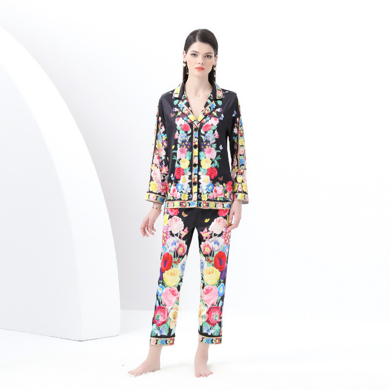 8822 Early Spring New Womens Casual Trimmed Pajama Set with Suit Collar Long Sleeve Long Pants Printed Two-Piece Set