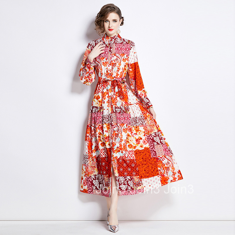 6945 Spring Summer New Womens Fashion Elegant Stand Collar Long Sleeve Slim Fit Printed Flared Long Dress