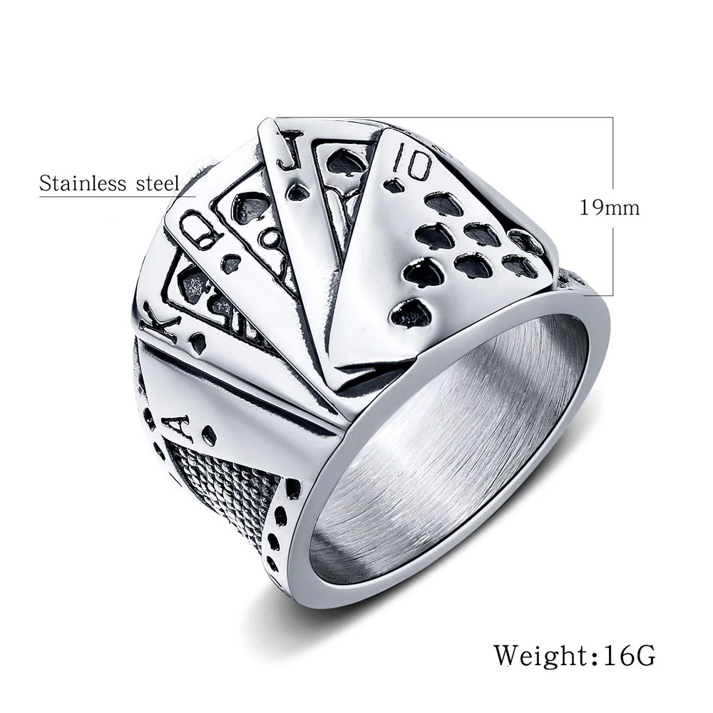 Lucky Poker Flush Ring Men Women Gold/Silver Color Stainless Steel Punk Biker Ring Hip Hop Playing Card Ring Magician Jewelry 250717