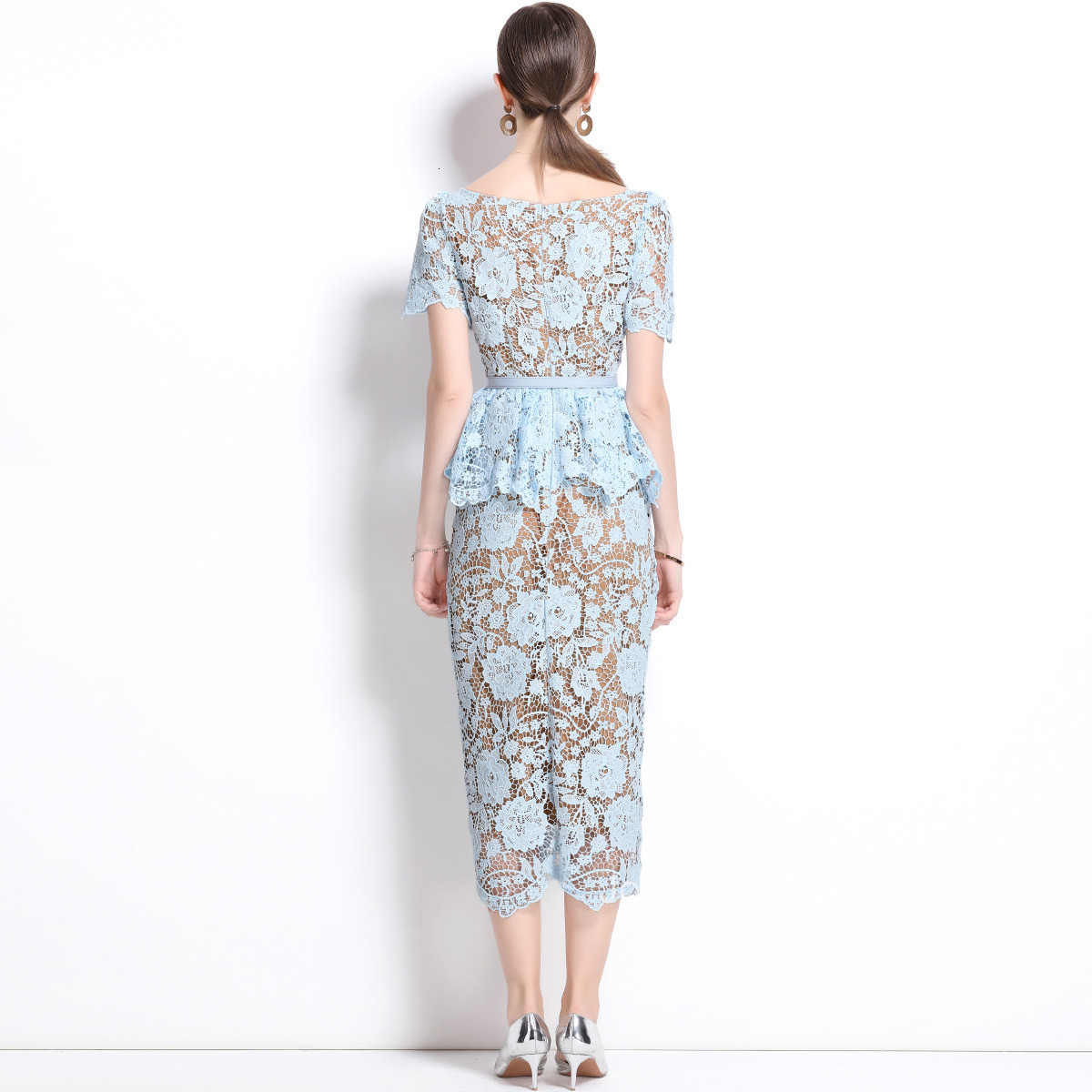 5849 Elegant Large Lapel Short Sleeve Lace Waist Slim Dress with Belt