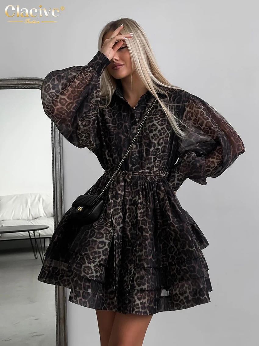 Clacive Fashion Leopard Print WomenS Dress Vintage Lapel Long Sleeve Mini Dresses Elegant High Waist Pleated Female Dress 250715