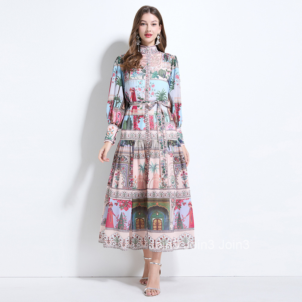 2152 Elegance style printed stand up collar lantern sleeves chiffon ruffle edge skirt - with straps included