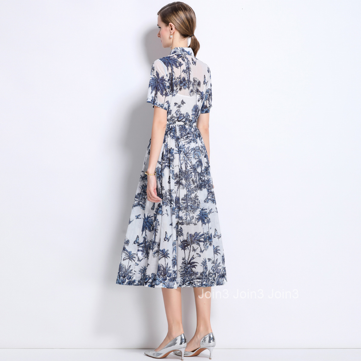 5885 Slim Fit Simple Turn-Down Collar Printed Short Sleeve Flared Womens Shirt Long Dress