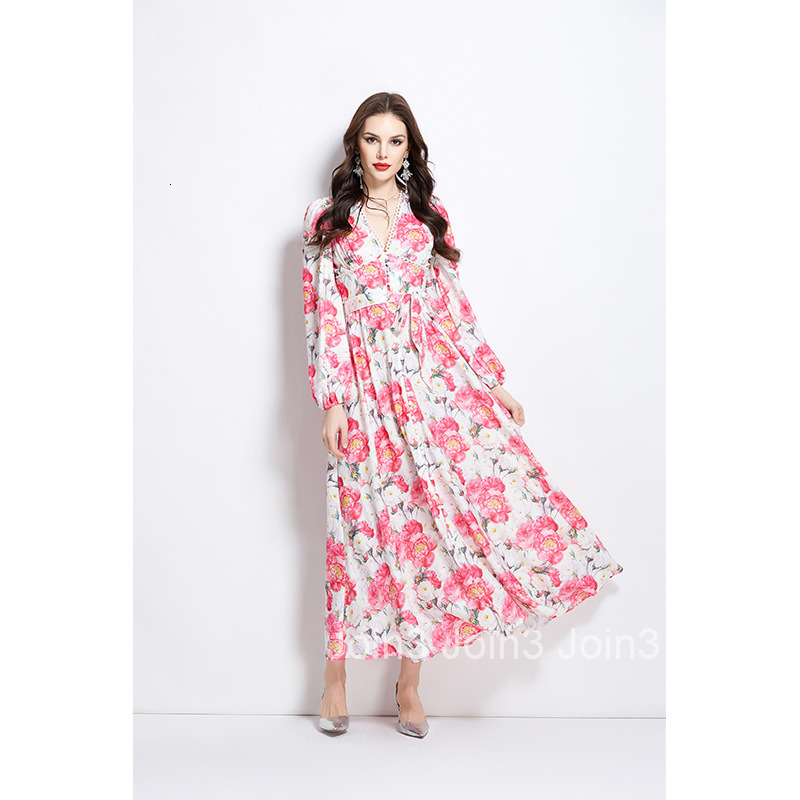 2708 Spring and Summer New Watercolor Floral Long Sleeve Long Dress