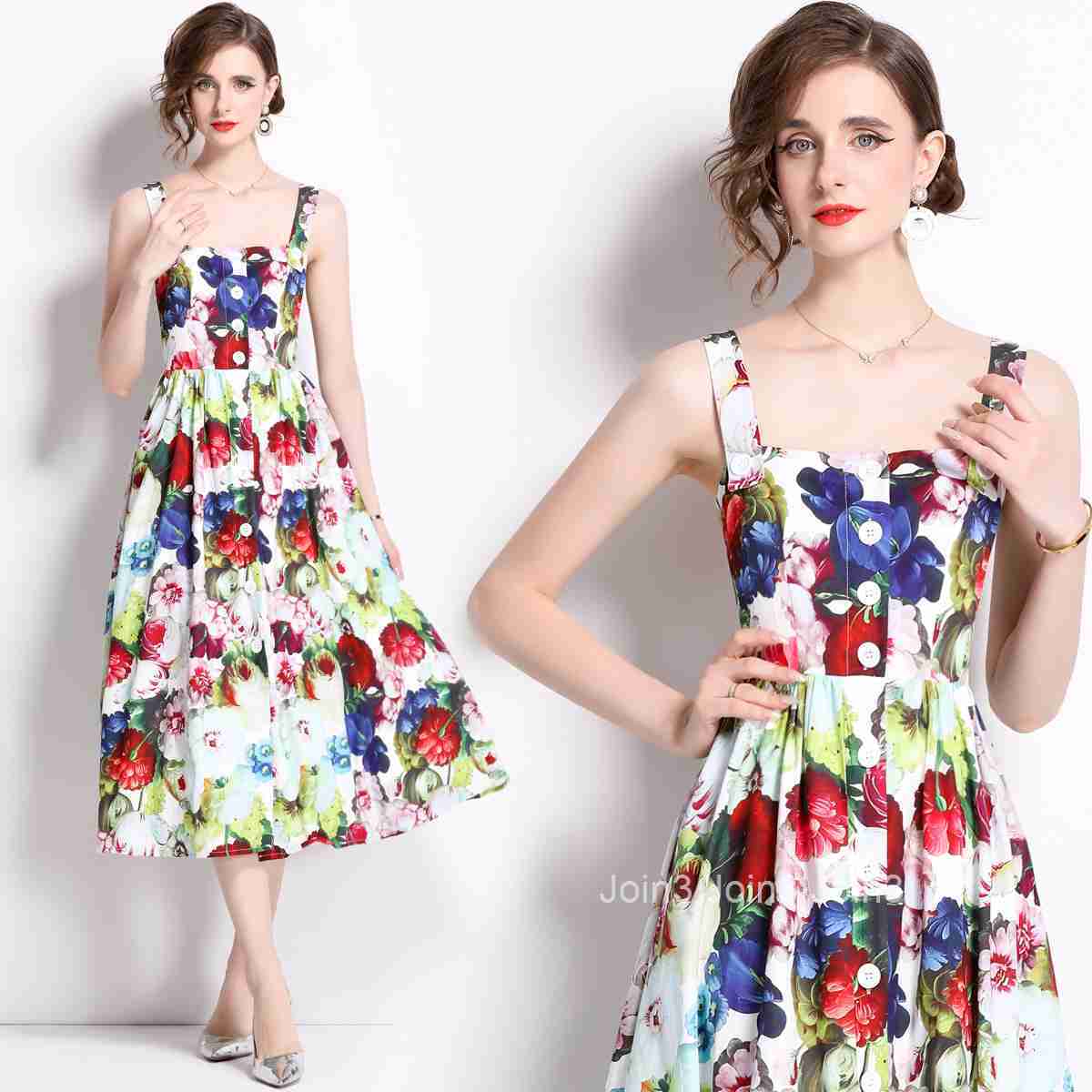 6833 Summer New Womens Fashion Elegant Printed Strap Waist Sleeveless A-line Dress Large Hem Midi Dress