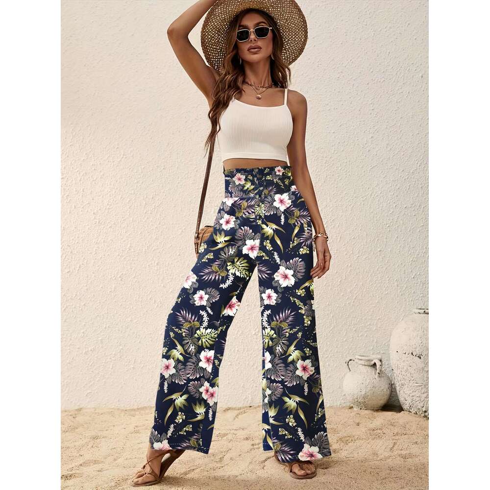 Cross-Border Spring European and American Women's New Fashion Long Printed Casual Elegant High Waist Gathered Straight Wide-Leg Pants