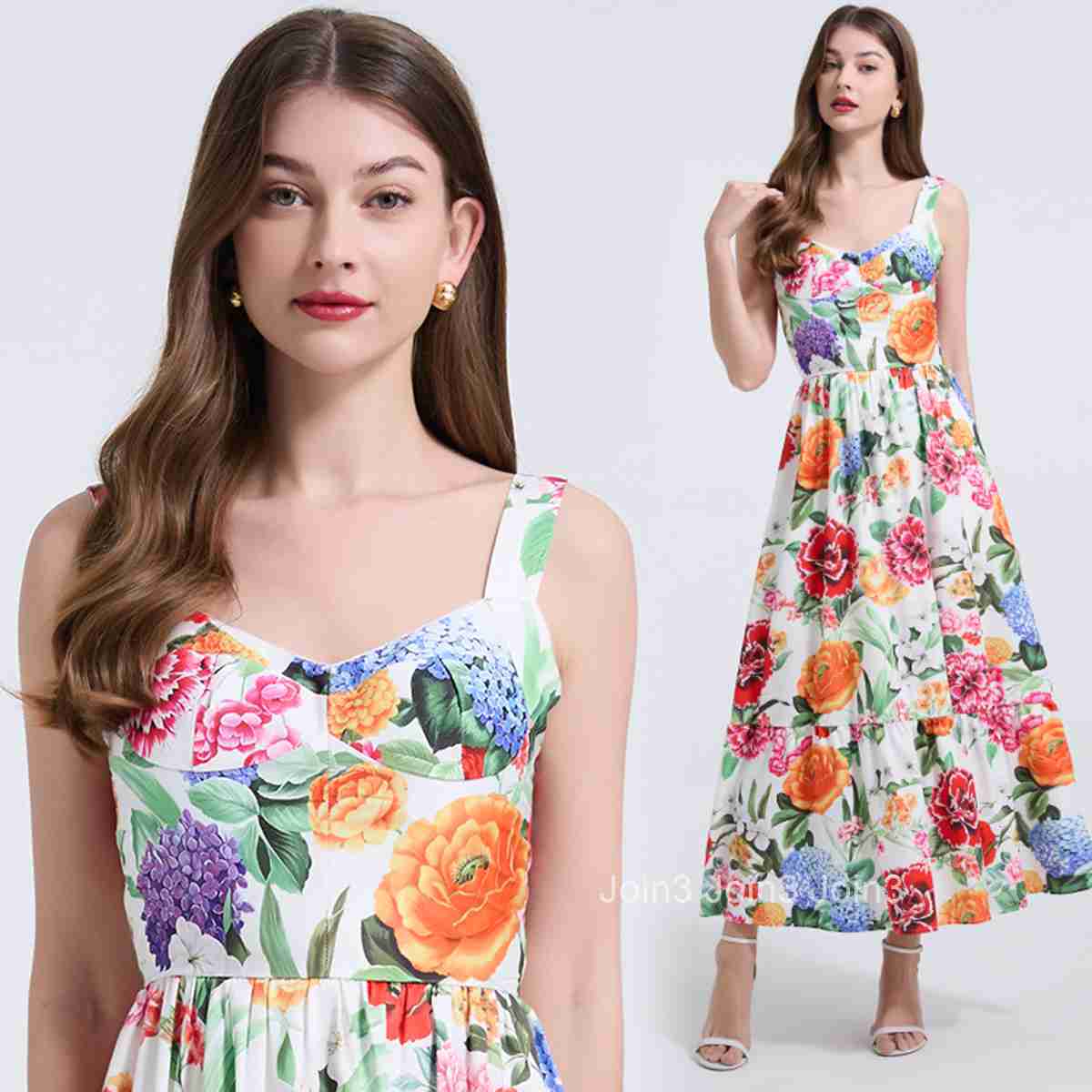 665 Summer Positioning Print Positioning Strap Slim Waist Dress Back Elastic Band Dress