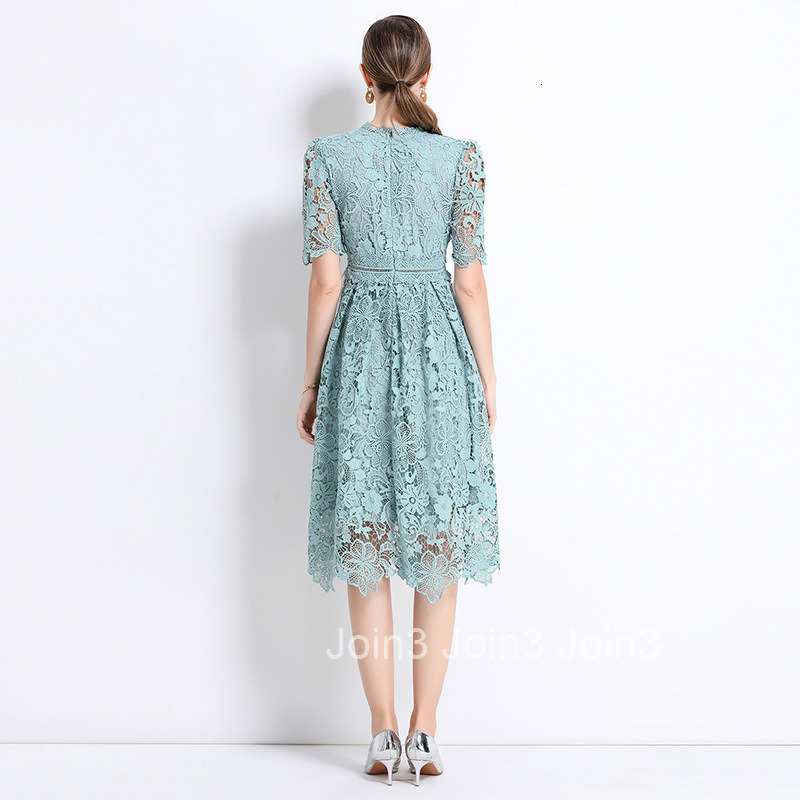 715 Short Sleeve Slimming Hollow Out Water-Soluble Lace Positioning Mid-Length Dress