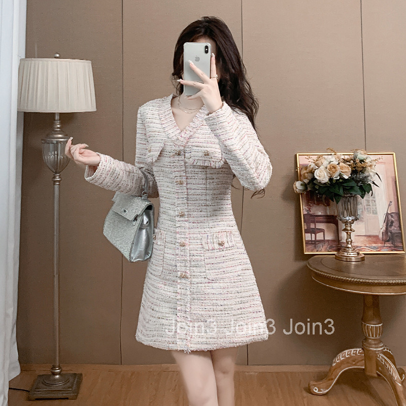 8031 autumn new womens fashion socialite Xiaoxiangfeng A-line skirt coarse floral temperament pink short skirt dress