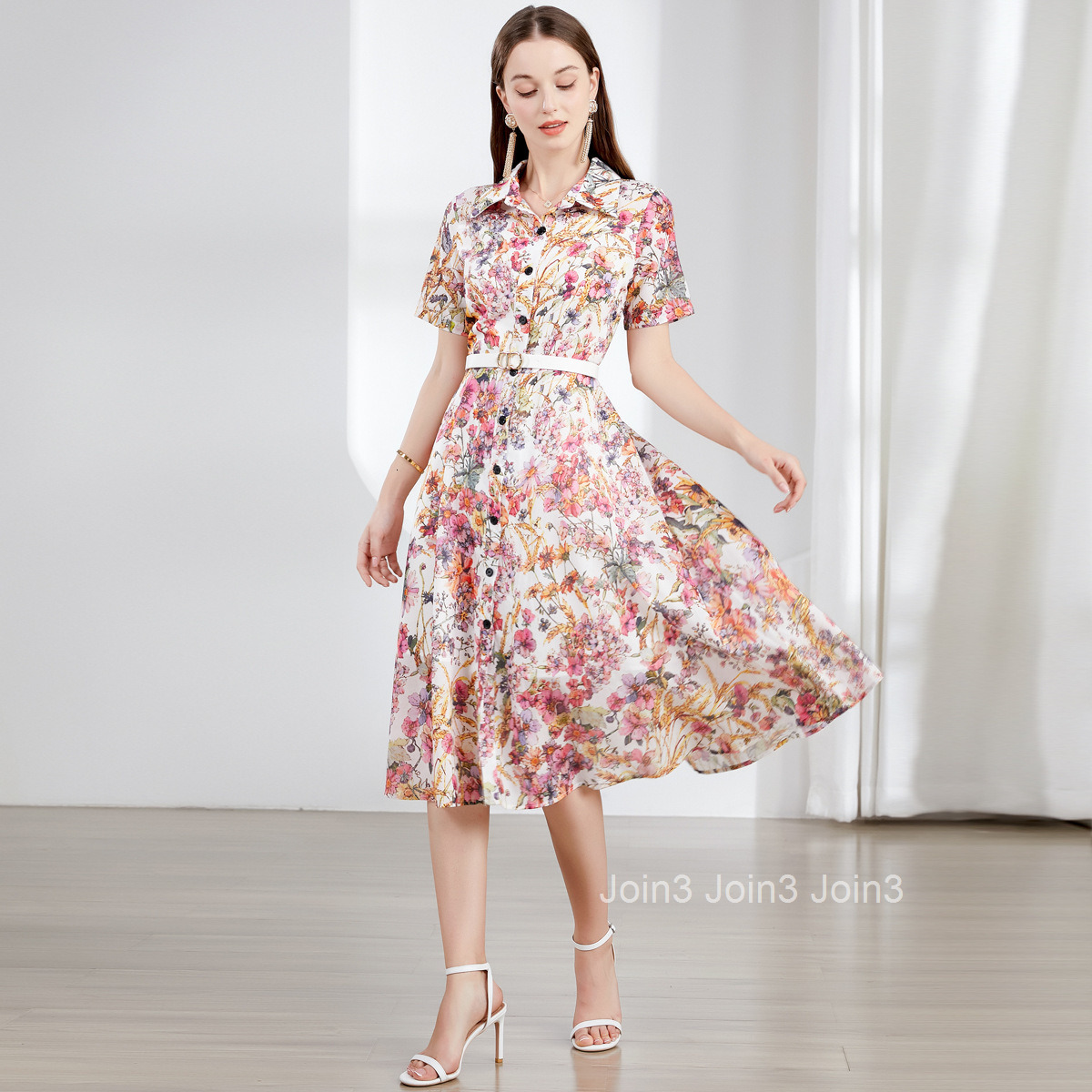 6849 Summer New Womens Printed Waist-Cinching Flared Collar Short Sleeve Dress (With Belt)