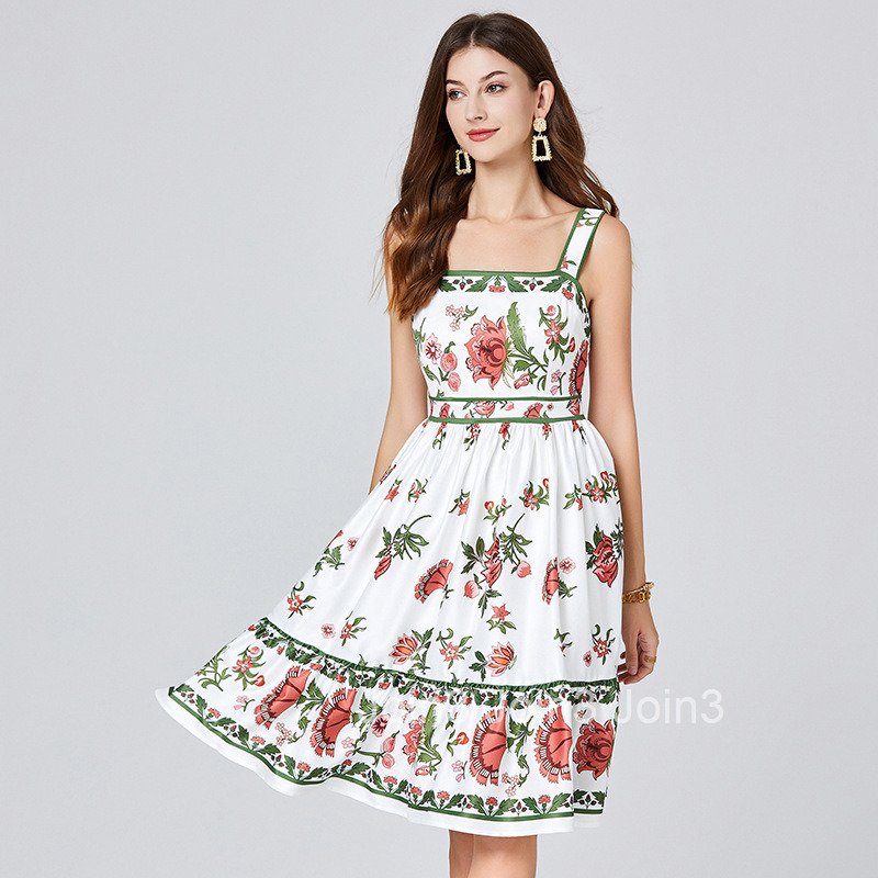 217 Summer New Womens Printed Slim Strap Dress High Waist Vest Mid-Length A-Line Dress