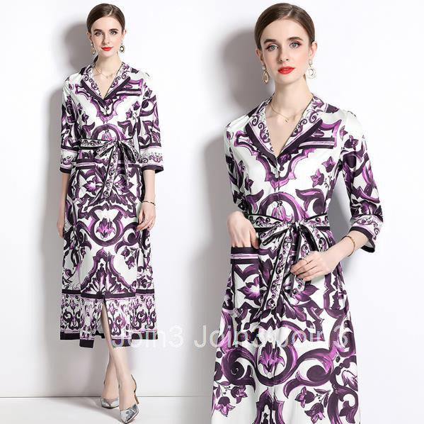 6068 Fashion Printed Loose Pocket Mid-Sleeve Blazer Collar Shirt Long Dress