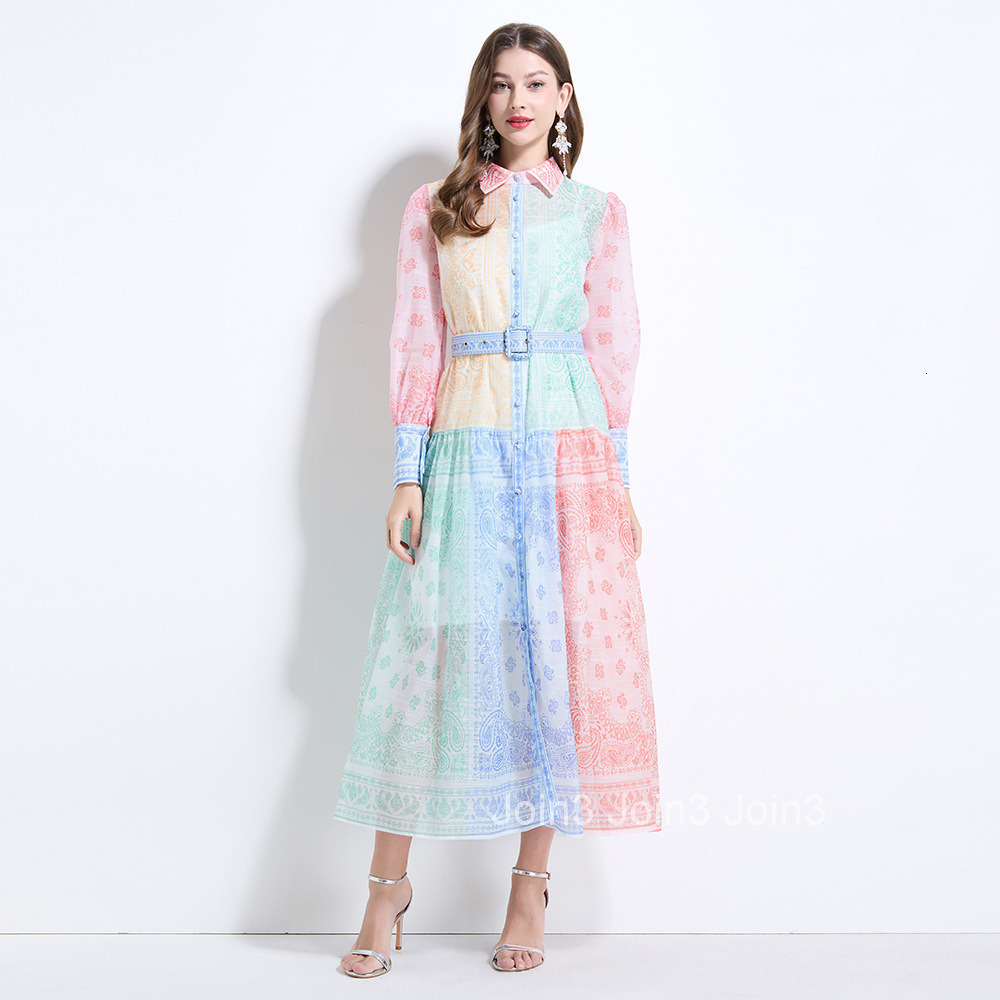 2151 vacation style color blocked paisley square scarf printed waist cinching jumpsuit long dress - with camisole included