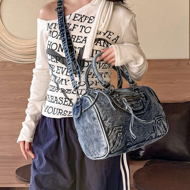 Motorcycle Washed Denim Patchwork Handbag Large Capacity Commuting Travel Single Shoulder Crossbody Bag