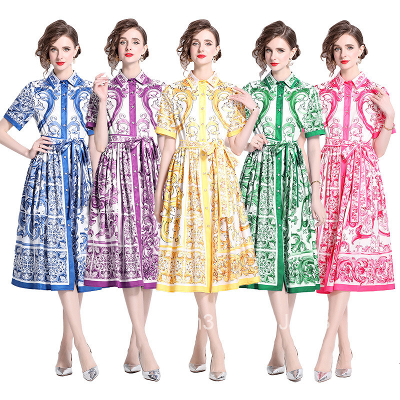 8763 Fashion Versatile Waist-Cinching Blue and White Porcelain Print Short Sleeve Single-Breasted Cardigan Dress