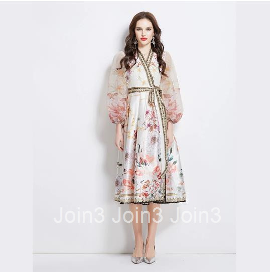 2736 Spring New Style Collar Ethnic Print Satin Wrap Long Dress