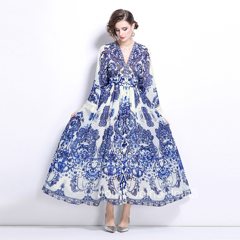 1019 Autumn New Seaside Vacation Beach Skirt Blue and White Porcelain Pendant Skirt Dress