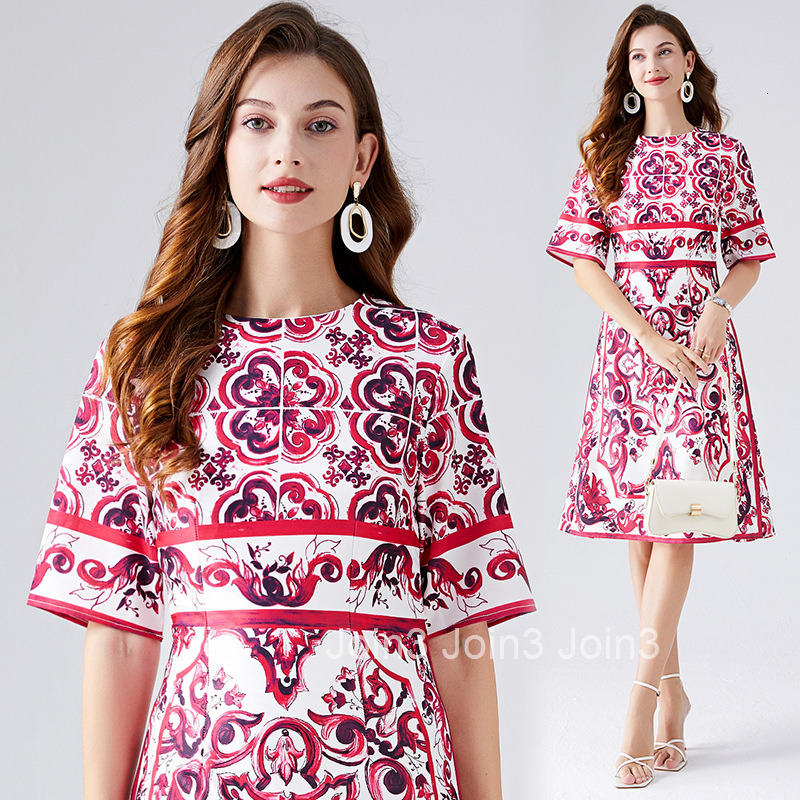 484 Summer New Womens Fashion Printed Round Neck Slimming High Waist Dress with Mid Sleeve A-line Skirt