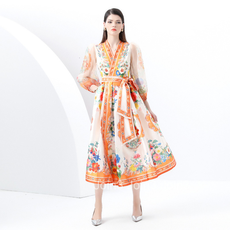 6016 Early Spring Vacation Wrap Tie Style Lantern Sleeve Long Printed Dress