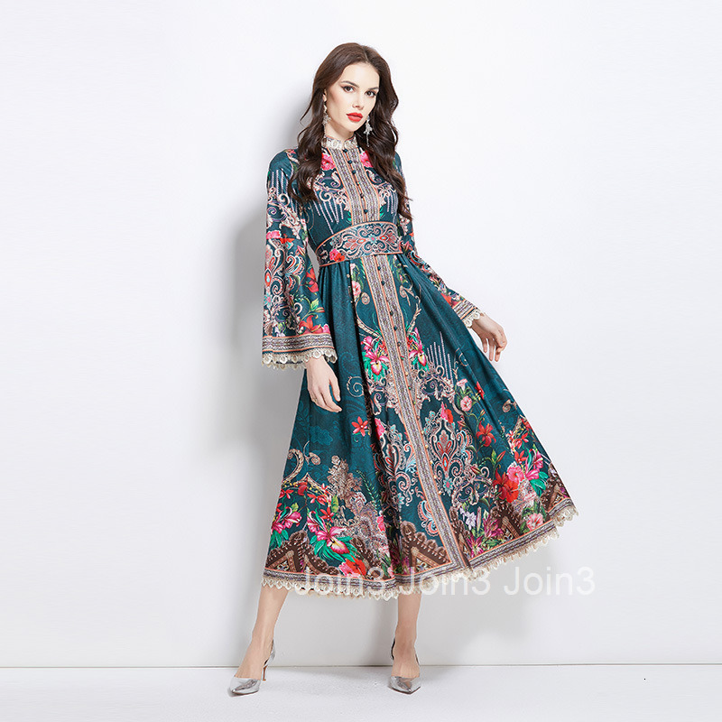 2649 Spring/Summer New Ethnic Style Pattern Stand up Collar Lace Splicing Long Dress