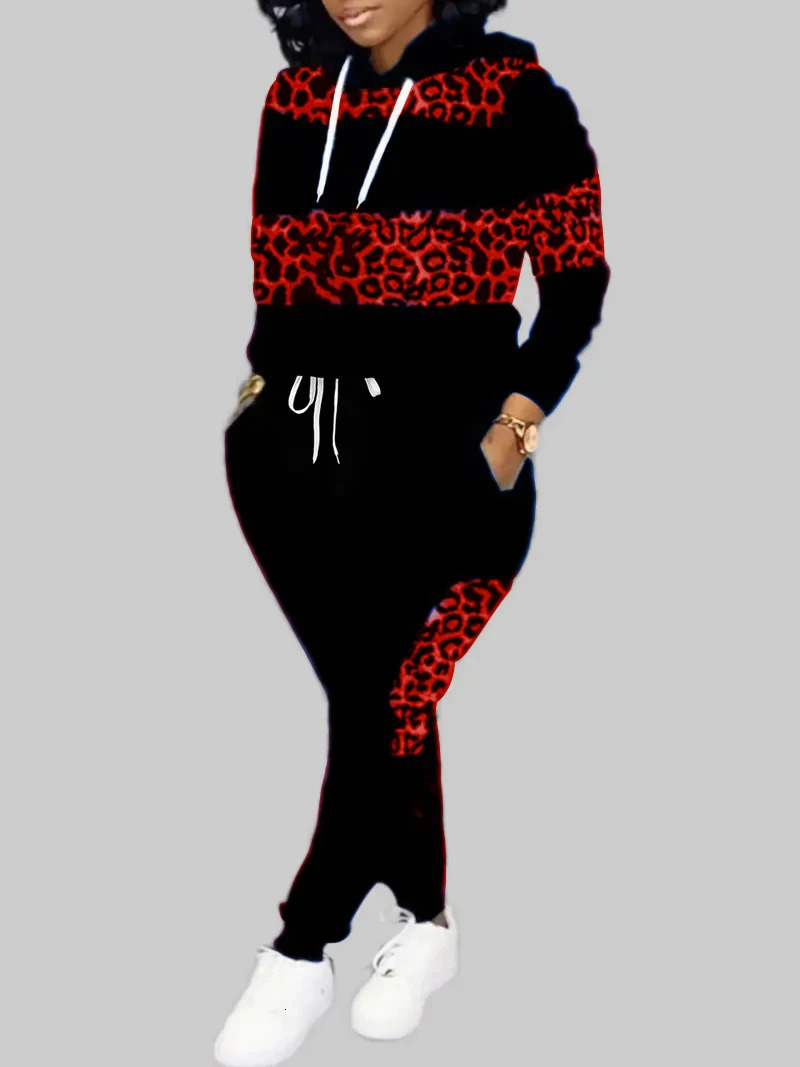 LW Plus Size Autumn Women Long Sleeves Two Pieces Hooded Collar Leopard Print Tracksuit Set Sweatshirts Pullover Hoodies Pant 250714
