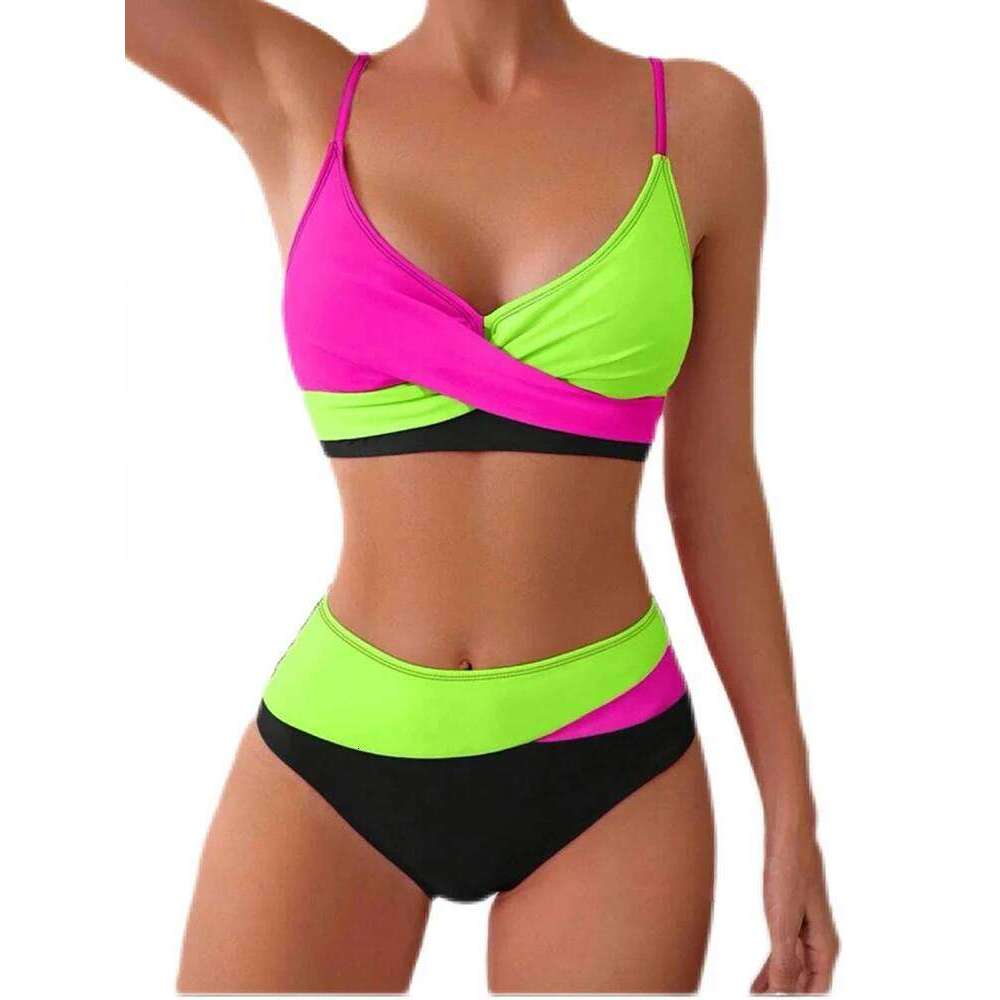 Circyy Women Contrast Color Split Swimsuit Halter Cross Biquinis High Waisted Two-pieces Bathing Suit Summer 2025 New