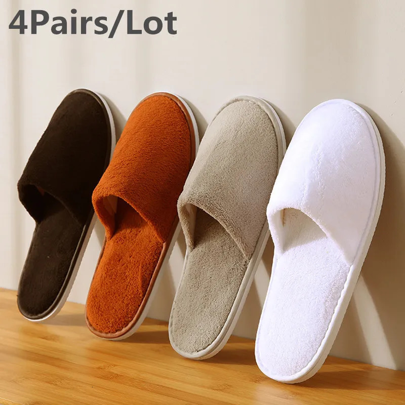 4 Pairs/Lot Mix Colors Coral fleece Men Women Disposable el Slippers Cotton Slides Home Travel SPA Slipper Hospitality 250716