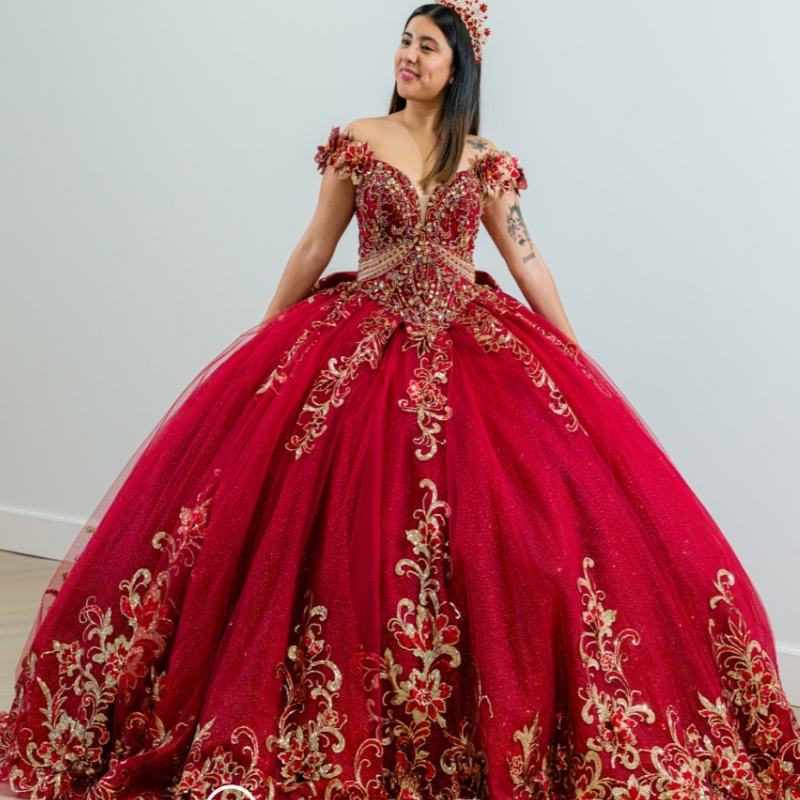 Red Shiny Quinceanera Dresses Ball Gown Off The Shoulder Applique Lace Beading Crystal Tull Party Birthday Sweet 16 Dress Vestidos 15 Anos