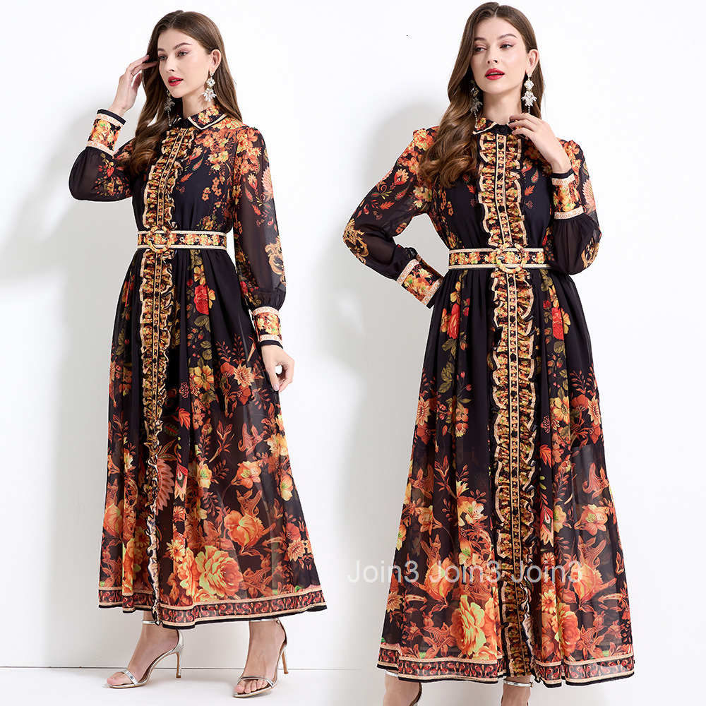 2161 Spring/Summer Chiffon Shirt with Printed Collar Long Sleeve Waist Collection Lotus Leaf Side Skirt - Two Piece Set