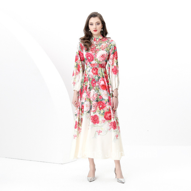 8852 Early Spring New Womens Vacation Style Stand Collar Lace Patchwork Printed Flared Long Dress