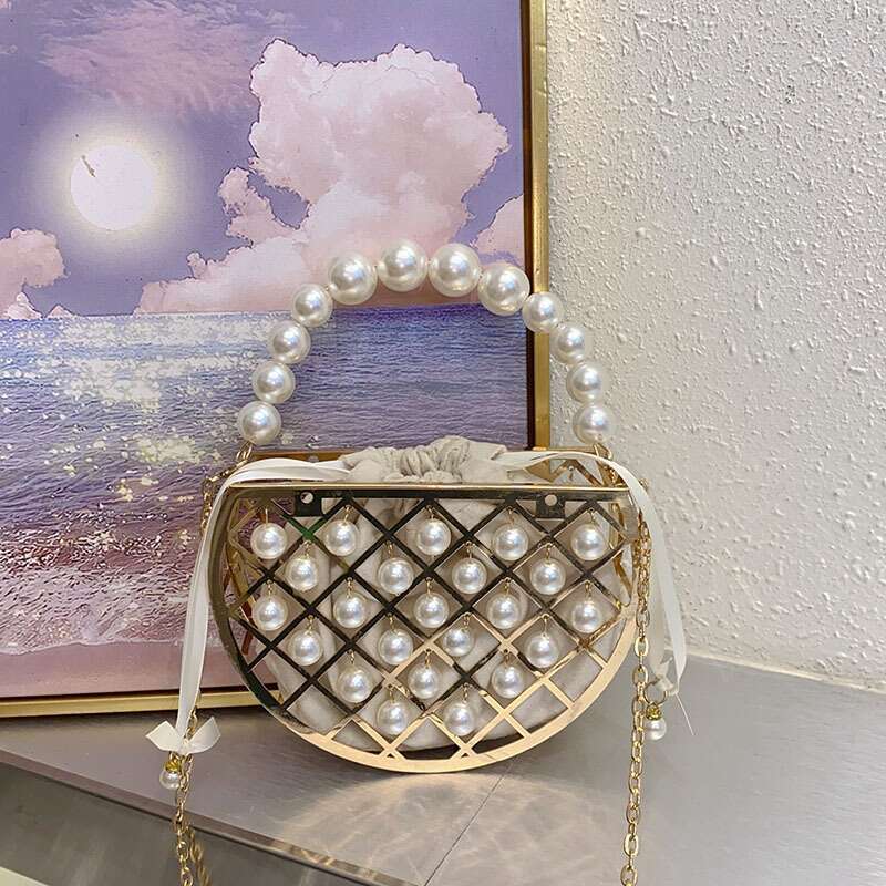 Pearl Beaded Gold Metal Moon Fashion Hollow Out Women Handbag Wedding Party Banquet Clutch Purse Crossbody Bag