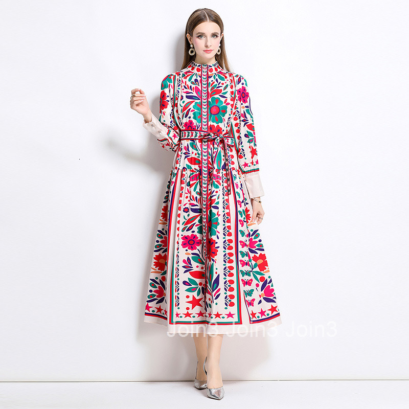 8780 Fashion Elegance Style Stand Collar Single-Breasted Printed Dress