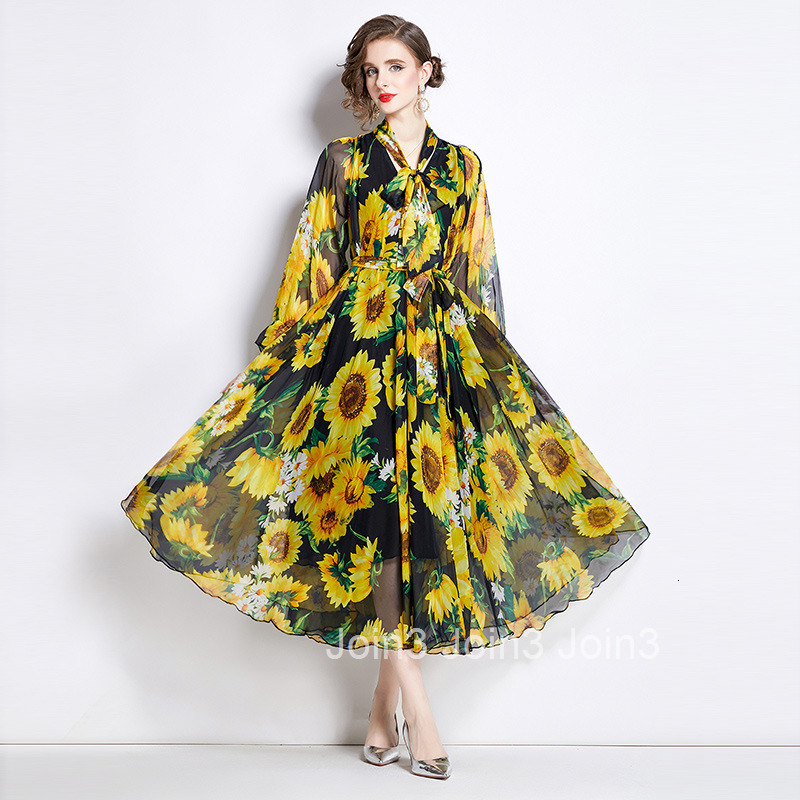 9329 Spring Summer New Womens Fashionable Chiffon Printed Long Sleeve Flared Long Dress