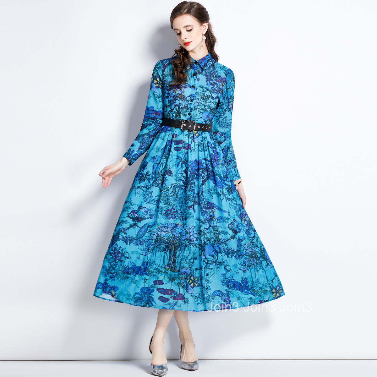 1605 Autumn New Womens Polo Neck Print Waist Wrap Long Dress (with Belt)