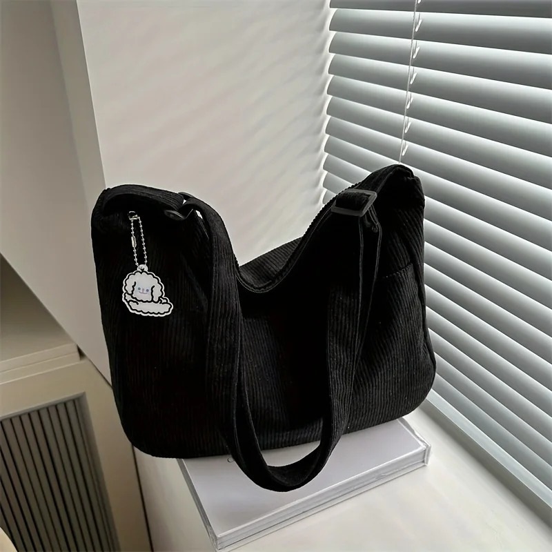 Womens Corduroy Shoulder Bag Casual Striped Large Capacity Tote with Zipper Closure Cute Hat Patch Perfect for Everyday Use 250717