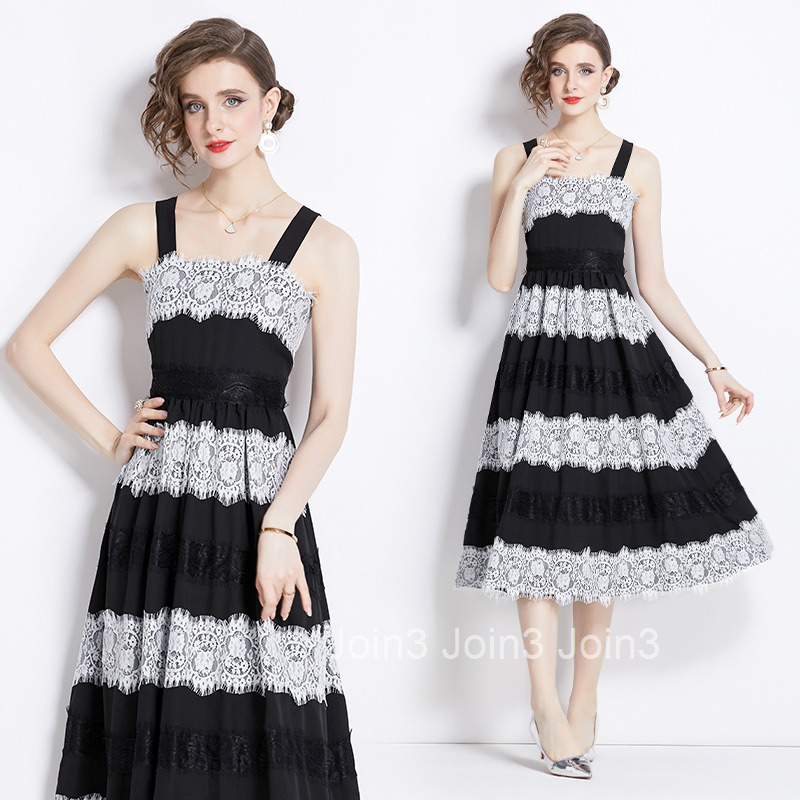 8003 Summer Fashion Show New Lace Splicing Black Long Dress French Elegant Strap Dress for Women